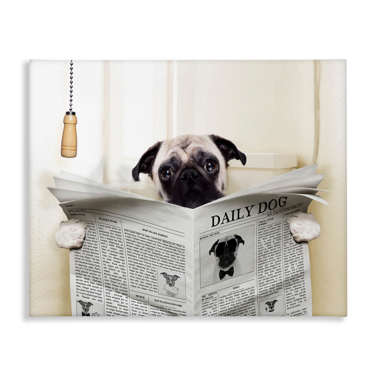 Stupell Industries Pug Reading Newspaper in Bathroom Canvas Wall Art